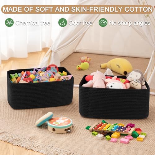 OIASKET Large Storage Basket for Organizing, Woven Rope Basket for Shelves, Closet Organizer Bins for Clothes, Blanket, Toys, Baby Nursery Storage, 17.7" x 13" x 7.87", 2 Packs Black - Image 4
