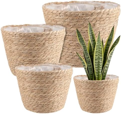 Set of 4 Seagrass Planter Basket, 6" 7" 9" 10" Hand Woven Plant Basket with Waterproof Plastic Liner, Round Natural Flower Pot for Indoor Outdoor Modern Home Decoration, Brown by MAHIONGHOME