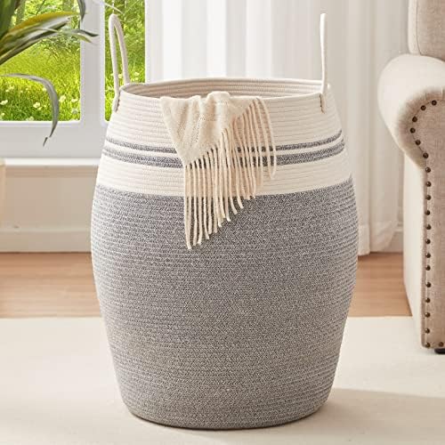 OIAHOMY 105L Laundry Hamper Cotton Rope Large Clothes Hamper White & Grey by MasterofSpaceOptimization