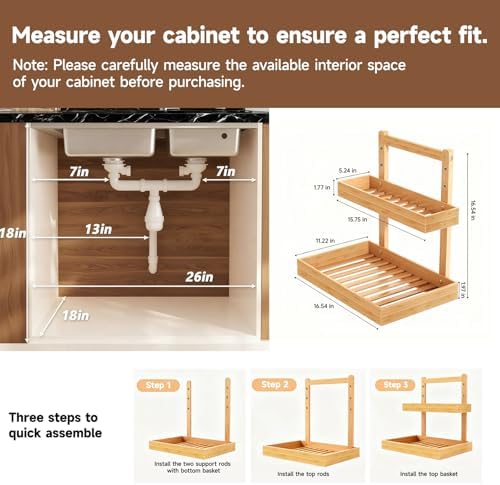 Under Sink Organizer - 2 Tier Pull Out Cabinet Shelves with Adjustable Height, Undersink Storage Slide Out for Kitchen Bathroom Cabinet Pantry (Natual, 2 Packs) - Image 2