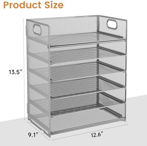 Subekyu 6 Tier Paper Organizer for Desk with Handle, Metal Mesh Desk Office File Folder Paper Letter Tray Accessories Organizer Sorter for Home, School, Office Desktop Document Organization - Silver - Image 6