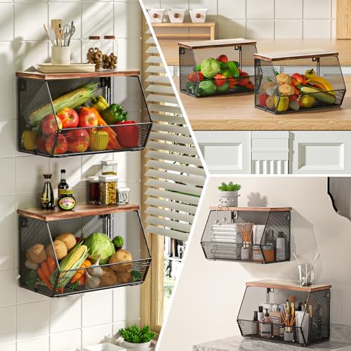 2 Tier Fruit Basket for Kitchen Counter, Stackable Onion and Potato Storage Basket, Wall Mounted Wire Basket with Wood Lid, Hanging Kitchen Storage Vegetable Organizer, 11.8 x 7.1 x 8.6 Inch - Image 5