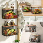 Stackable Fruit Basket for Kitchen Countertop Space Saving, Wall Mounted Mesh Metal Wire Basket with Wood Lid Extra Storage, 2 Pack Kitchen Counter Organizer for Snack, Onion and Potato Storage, White - Image 6