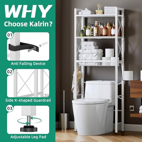 Kalrin Over The Toilet Storage with X Shape Side Guardrail, 3-Tier Over Toilet Storage Rack with Drain Basket, Freestanding Bathroom Organizer for Balcony Laundry, Pure White - Image 4