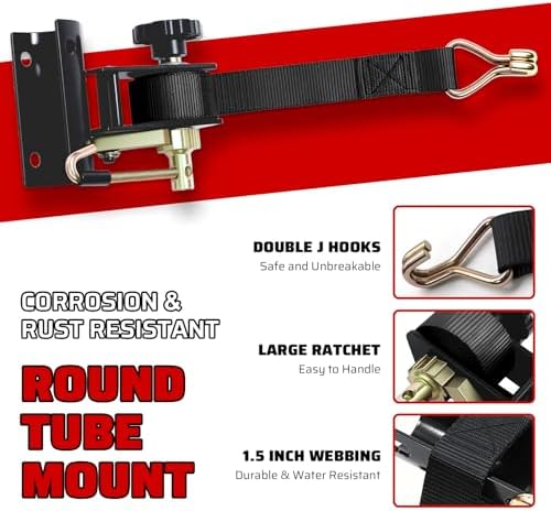 Black Rack Straps with J-Hook (4PK),1.5" x7.5' Ladder Rack Ratchet Straps, 2" Round Tube Mount, Perfect Ladder Rack Tie-Downs for Trailer Cargo Control - Image 3