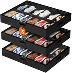 Lifewit Under Bed Shoe Storage Organizer 3 Pack(12 Shoes Cells), 4.3 Inches Profile Fabric Shoes Container Box with Clear Cover, Foldable Storage Bag with 2 Handles, Fits 18 to 36 Pairs by Lifewit