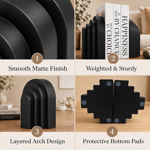 Book Ends for Heavy Books, Resin Decorative bookends, Heavy Duty Bookend for Shelves, Book Stopper for Shelves, Modern Home Decor Aesthetic Book Ends, Layered Arch Design Set of 2(Matte Black) - Image 5