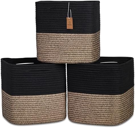 NaturalCozy 13 Inch Cube Storage Bins Cotton Rope Woven Baskets for Organizing 3-Pack | 13 x 13 Storage Cubes | Fabric Square Storage Baskets for Shelves Organizer, Kids Toy Bins, Closet Baby Nursery by NaturalCozy