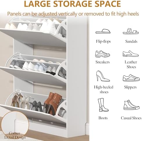 Wodeer Narrow White Shoe Cabinet for Entryway, Slim Shoe Storage Cabinet with 3 Flip Drawers, Hidden Wood Shoe Cabinet Storage, Freestanding Shoe Rack Organizer Foyer, Hallway - Image 4