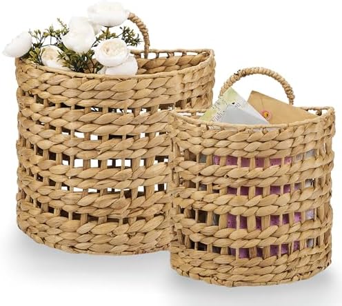 Set of 2 Wicker Hanging Basket for Organizing, Front Door, Mail, Flowers - Woven Wall Baskets for Storage by 84ECO