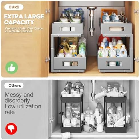 2 Packs 21IN Depth Under Sink Organizer, 2-Tier Pull Out Cabinet Organizer With Smooth Circular Rail, Large Capacity Metal Mesh Sliding Drawers For Bathroom& Kitchen Storage,Height Adjustable-Gun Gray - Image 3