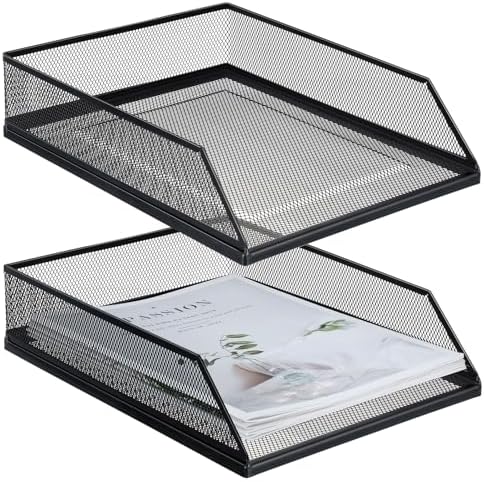 Hicarer 2 Pcs Black Metal Letter Tray Stackable Desk Tray Single Wire Mesh Organizer Front Load File Paper Holder for Desktop Office Home School Classroom (12.8 x 9.84 Inch) by Hicarer