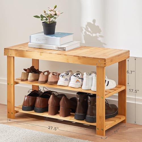 Pipishell 3 Tier Bamboo Shoe Rack Bench for Entryway, Natural - Image 3