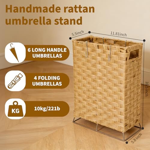 Rattan Umbrella Stand with Built-in Water Reservoir & Hooks, Hand Woven Umbrella Rack Organizer Freestanding - Stable, High-Capacity Organizer for Home and Office - 11.8" L x 5.5" W x 16.5" H - Image 5