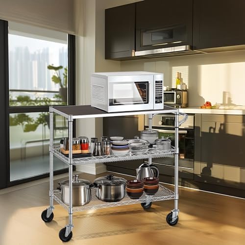 Finnhomy 3 Tier Heavy Duty Commercial Grade Utility Cart with Wood Top, Wire Rolling Cart with Wheels and Handle Bar, Kitchen Carts on Wheels, 18x36x35.4 H Metal Cart with 600 LBS Capacity, Chrome - Image 3