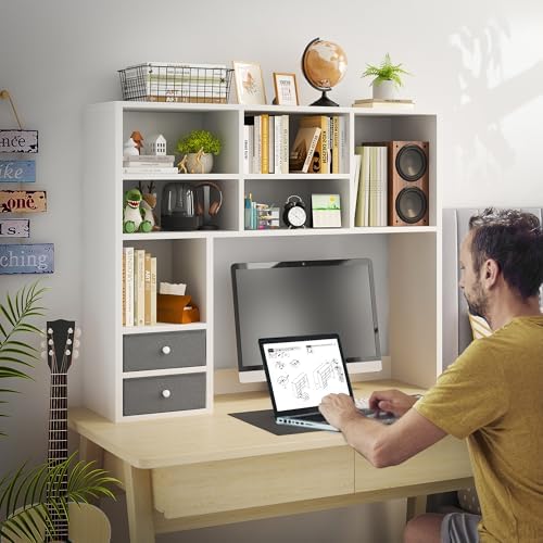 REIBII Desktop Bookshelf, 8 Shelves Desk Hutch for Dorm Room, White - Image 3