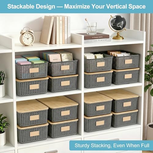 Bagnizer 4 Pack Plastic Storage Bins with Bamboo Lids, 6.2qt Stackable Storage Organizer Box with Lable for Pantry Shelves Drawers Desktop Office, 12"L x 8.3"W x 3.5"H, Gray - Image 3