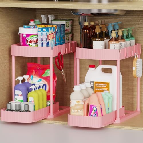 2 Packs Under Sink Pull-Out Storage Organizers, 14.8 Inches,Pink by ukeetap