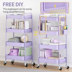 TOOLF 4 Tier Rolling Cart, Metal Utility Storage Cart with Pegboard, Purple - Image 6