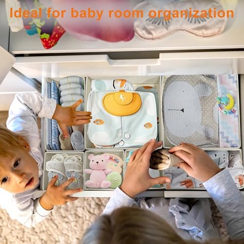 12 Pack Baby Clothes Organizer for Nursery Drawer - Foldable Fabric Dresser Dividers & Storage Bins for Diapers, Onesies, Accessories - Mydou Tidy Grey Heart Decorative Organizers - Image 6