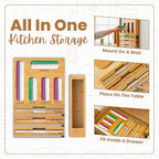 9 in 1 Storage Bag Organizer for Kitchen Drawer, Bamboo Foil and Plastic Wrap Dispenser with Cutter, Food Storage Bag Organizer for Quart, Gallon, Sandwich & Snack Bags, Aluminum Foil Organizer - Image 4