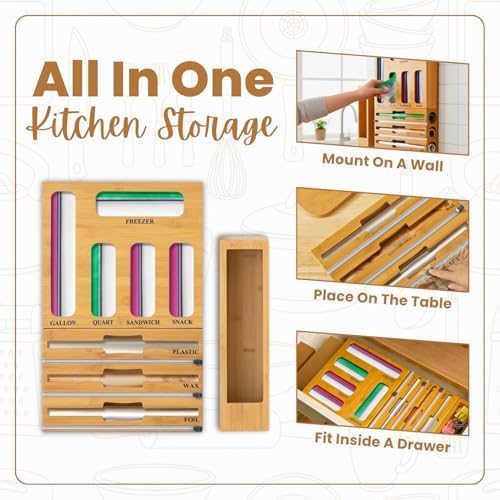 9 in 1 Storage Bag Organizer for Kitchen Drawer, Bamboo Foil and Plastic Wrap Dispenser with Cutter, Food Storage Bag Organizer for Quart, Gallon, Sandwich & Snack Bags, Aluminum Foil Organizer - Image 4