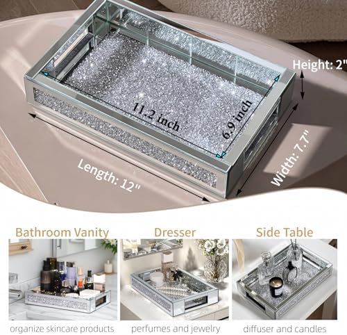 Rectangle Glass Tray with Handles for Dresser, Mirror Makeup Organizer Perfume Display, Crushed Diamond Home Decor Accent for Vanity, Living Room Tables, Silver(12”x7.7”x2”) - Image 3