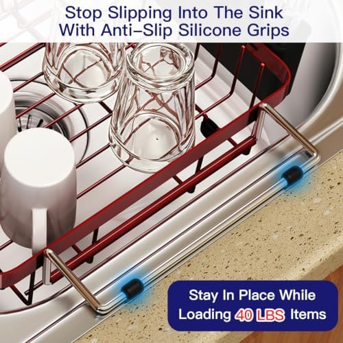 MAJALiS Red Expandable Dish Drying Rack Over The Sink with Anti Slip Grip - Image 4