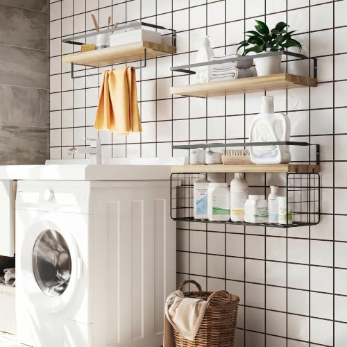 Wood Floating Shelves Wall Mounted - 3+1 Tier Rustic Bathroom Wall Shelves Over Toilet with Wire Storage Basket and Towel Bar, Set of 4 Farmhouse Floating Shelf for Bathroom, Kitchen, Bedroom. - Image 7