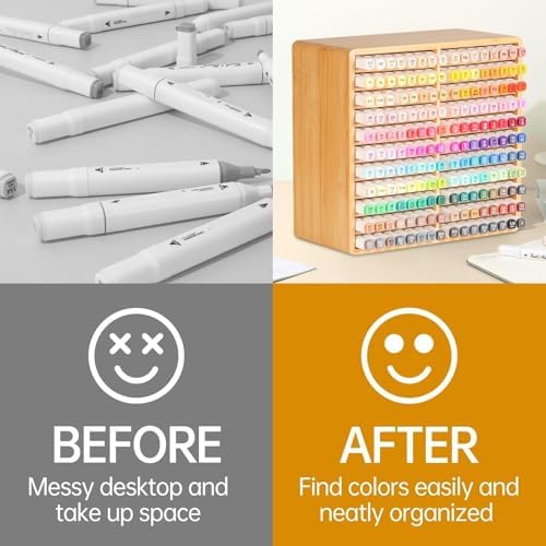 walowalo Markers Organizer Hold 176 Markers Birthday Gifts Bamboo Pen Holder Art Supply Pencil Alcohol Storage Organizer 22 Compartments All-in-One Marker Storage for Home Office Desk Classroom - Image 3