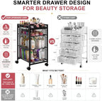 JKsmart Rolling Makeup Cart Organizer with 3 Drawers, Cosmetics Display with Dividers, Floor Skincare Storage with Wheels, Versatile Vanity Organizer for Nail Polish Perfume Brush Hair Tool, Black - Image 4