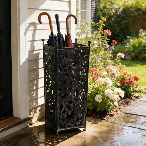 Vintage Black Metal Umbrella Holder with Ornate Cutout Pattern Antique Decorative Umbrella Stand with Detachable Drip Tray for Entryway Storage Umbrellas Canes & Walking Sticks (Black) - Image 4