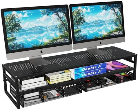 Simple Trending 2-Tier Metal Dual Monitor Stand with USB & 2 Drawers, Black - Image 2