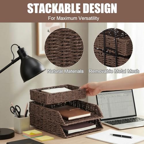 Geelin 3 Pack Paper Rope Woven Stackable Letter Paper Tray, Brown - Image 5