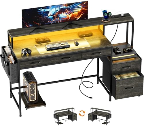 REAHOME 61 Inch 5 Drawers Grey Oak Reversible Gaming Desk by REAHOME