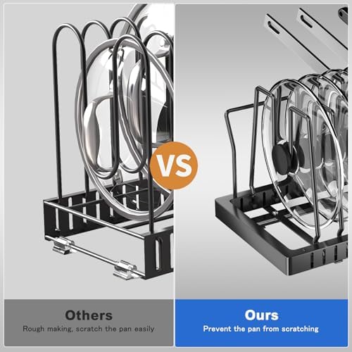 Mustorn 2 Pack Pots and Pans Organizer Under Cabinet, 21.6" Deep Pull Out Pot Lid Organizer Holder with Guardrail Adhesive Pot and Pan Holder Rack with 10 Adjustable Dividers(Black) - Image 5