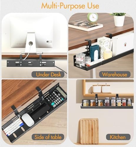 No Drill Under Desk Cable Management Tray, 17”-30” Retractable Cord Organizer for Table, Clamp Mount Wire Basket, Power Strip Holder & Metal Cord Organizer for Office, Home，Black - Image 6