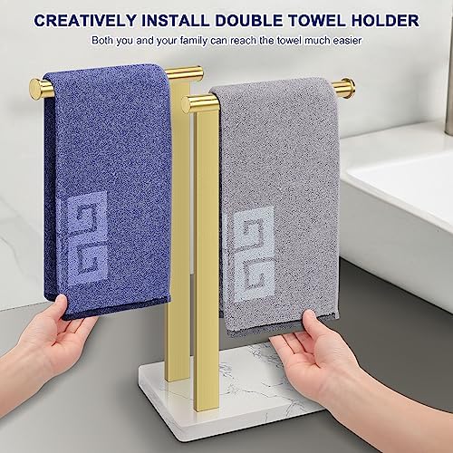 NearMoon Hand Towel Holder with Balanced Marble Base, SUS304 Stainless Steel Stand Towel Ring L Shape Hand Towel Rack Free-Standing Towel Bar for Bathroom Kitchen Countertop (Double Rod, Brushed Gold) - Image 5