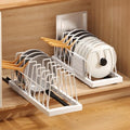 Mustorn 2 Pack Pots and Pans Organizer Under Cabinet, 21.6" Deep Pull Out Pot Lid Organizer Holder with Guardrail Adhesive Pot and Pan Holder Rack with 10 Adjustable Dividers(White) by MUSTORN