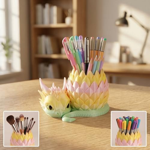 3D Printed Dragon Pencil Holder for Desk, Removable Dragon Egg Pen Holder, Cute Pencil Cup Desk Organizer for Pens, Pencils, Paper Clips, Makeup Brushes, Fantasy Desk Decor Gift for Kids - Image 2