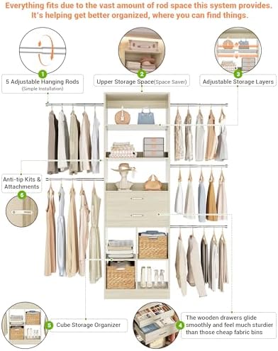 Small Closet System, 3.2-6.8FT Small Closet Organizer with 2 Wooden Drawers & 5 Hanging Rods, Can Fit 37.5 to 81.9 inch Walk-in Closet System, Built-in, Greige Oak, Enclosed Storage Volume 2.32 ft³ - Image 4