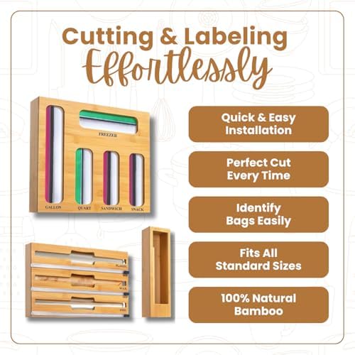 9 in 1 Storage Bag Organizer for Kitchen Drawer, Bamboo Foil and Plastic Wrap Dispenser with Cutter, Food Storage Bag Organizer for Quart, Gallon, Sandwich & Snack Bags, Aluminum Foil Organizer - Image 5