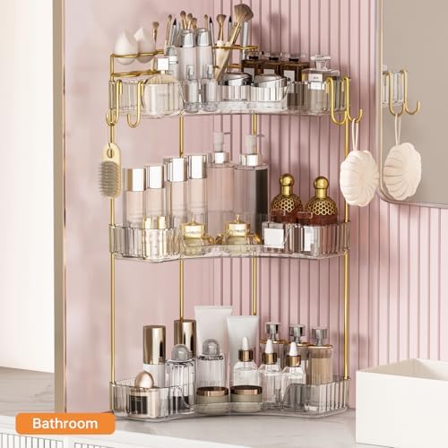 3-Tier Corner Bathroom Counter Organizer，Makeup & Skincare Shelf with Built-in Brush Holder，Space-Saving Bathroom Countertop Organizer for Skincare, Perfume, Cosmetics(Clear) - Image 7