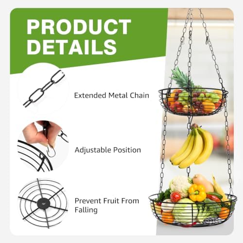 HULISEN 3-Tier Hanging Fruit Basket for Kitchen with Banana Hook - Image 5