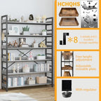 HCHQHS Bookshelf, Adjustable Industrial Bookcase, Vertical Tall Book Shelf, Wood and Black Metal Open Bookshelves for Home Office, Living Room, Bedroom (Grey, 6-Tier (47" W x 70" H)) - Image 5