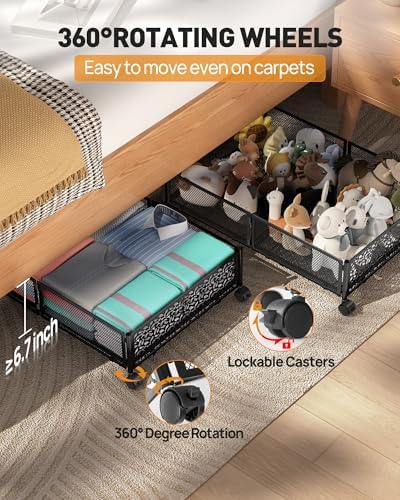 Under Bed Storage with Wheels, Foldable Pattern Carved Metal Under Bed Storage Containers, 60L Rolling Underbed Storage, Easy Assembly Under The Bed Storage for Shoes, Clothes, Blankets... - Image 2