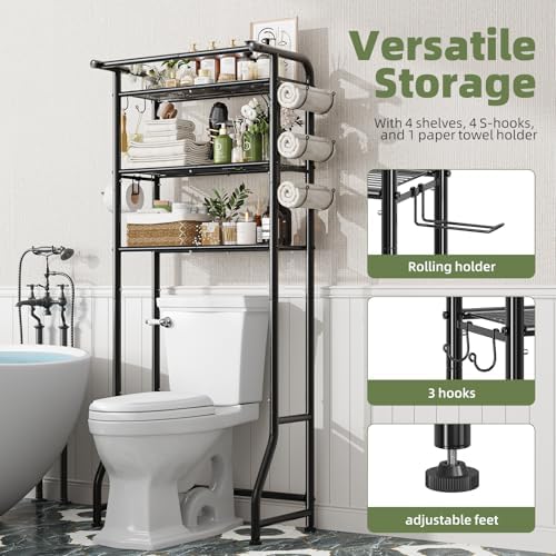 Simple Trending Over The Toilet Storage Cabinet, Metal Bathroom Shelf Organizer with Paper Holder and Hooks, 3 Tier, Black - Image 4