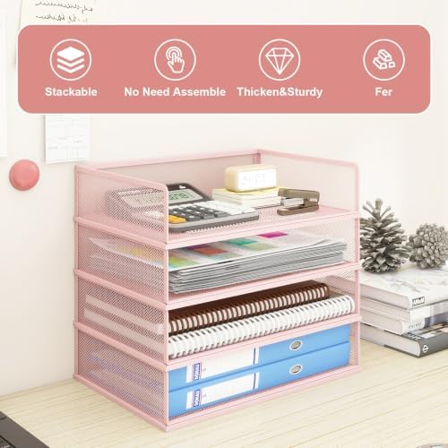 Natwind 4-Tier Stackable Metal Mesh Letter Paper Tray Organizer,Pink - Image 5