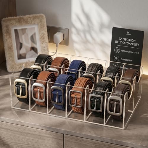 ZENFUN 12 Compartments Belts Storage Box, Acrylic Belt Organizer, Belt Container Storage Holder Clear Belts Display Case for Watch, Hair Accessories, Jewelry, Closet and Drawer - Image 6