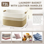 72L Large Woven Laundry Basket Hamper with Leather Handles,Khaki - Image 2